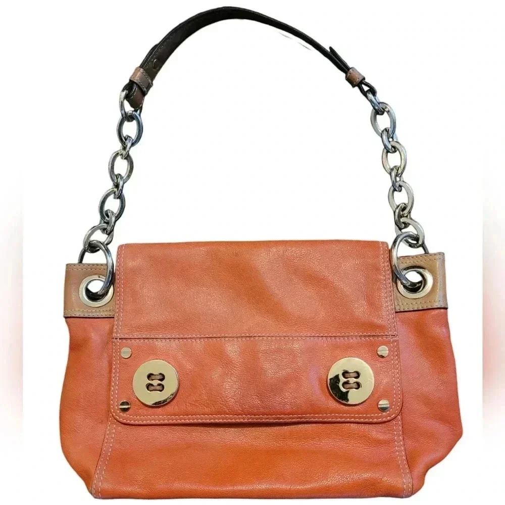 MILLY Orange tan soft leather gold chain link shoulder bag purse contemporary